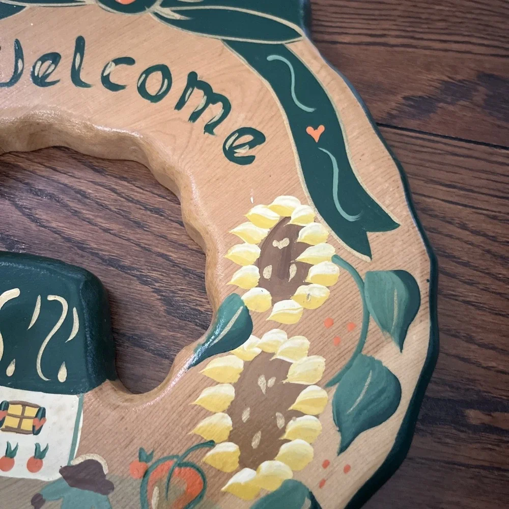 Hand Painted Pumpkin Fall Farmhouse Wooden Welcome Wreath 1997 Made in Mexico